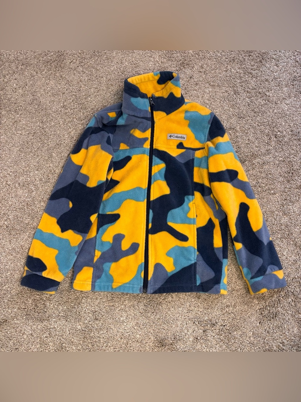 Columbia Boys Zing III Printed Fleece Jacket Blue Yellow Camo Size Small 8